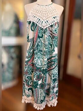 Boho Paisley Halter Dress | Crochet Lace Neck | Tassel Hem